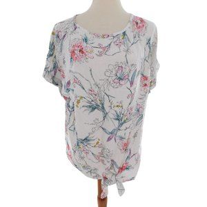 Buffalo David Bitton Women's Medium Shirt  White Floral Short Sleeve Tie Detail
